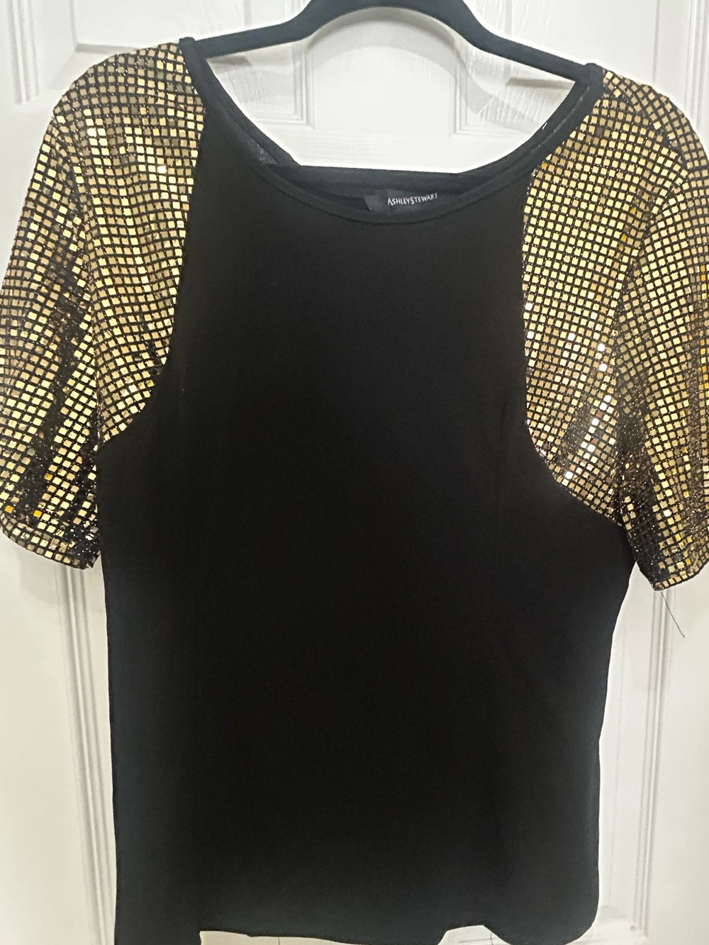 Ashley Stewart Black Top with Gold Sequin look Sleeves